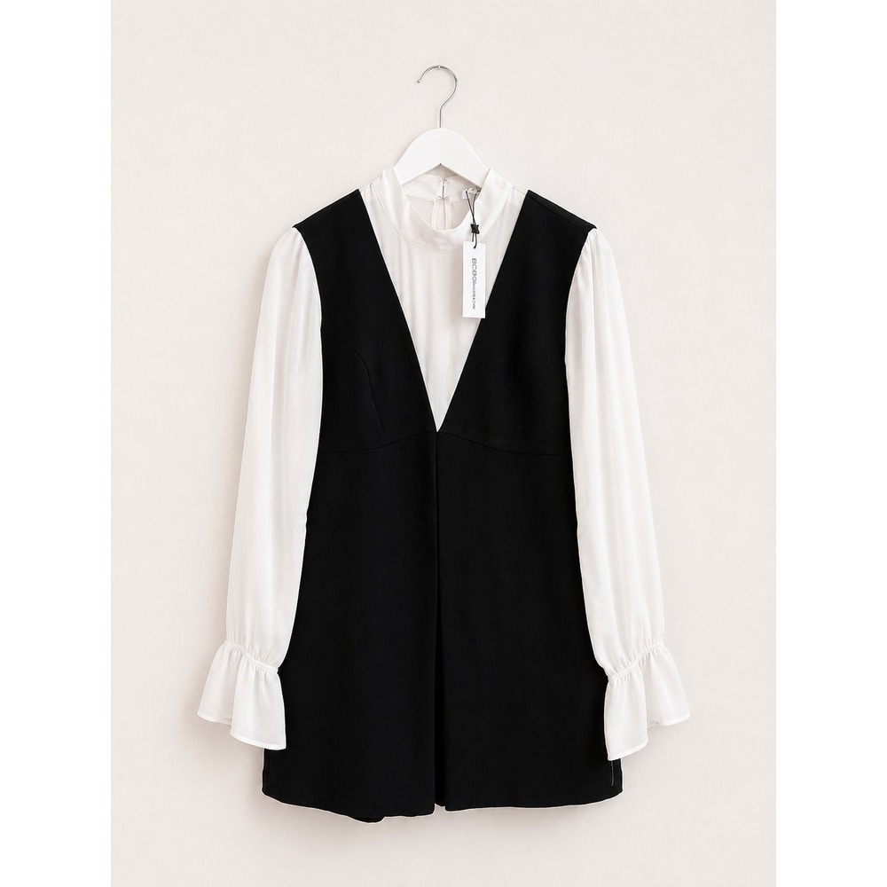 BCBGeneration Black White Colorblock Bell Sleeve Mock Neck Shift Dress Size 4